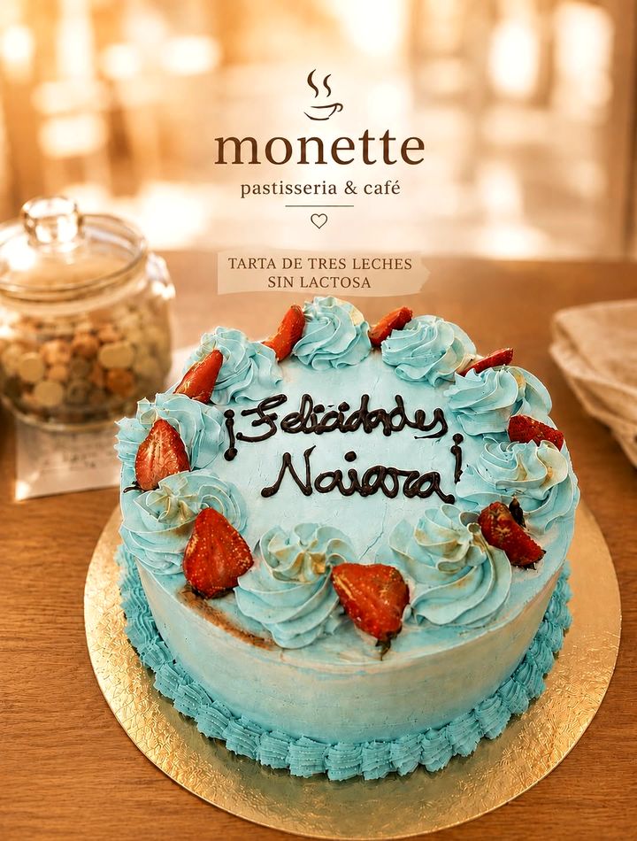 Tarta de tres leches sin lactosa con rosetas azules y fresas