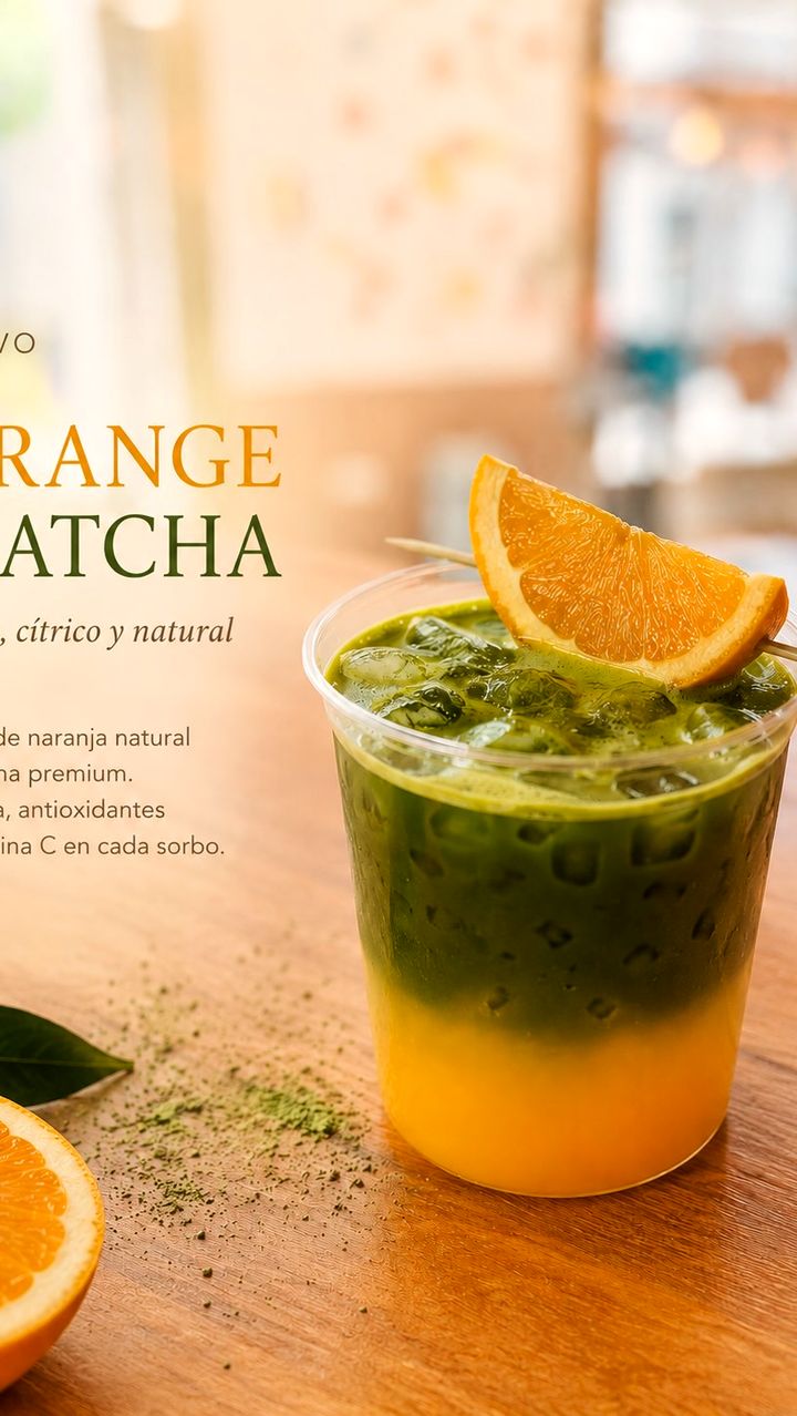 Orange Matcha: naranja natural con matcha, servido con hielo